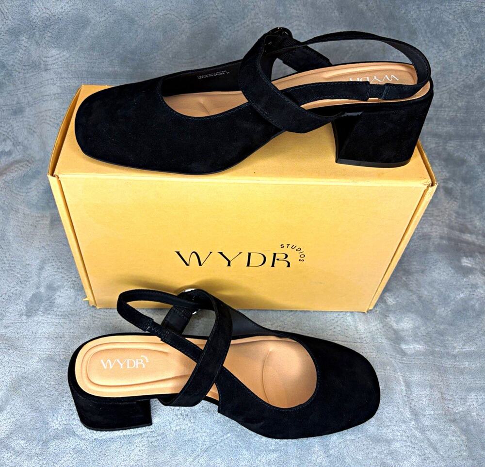WYDR Studios Amber Slingback Mary Jane Heels Black Suede US 6WW/EU 37WW NIB
